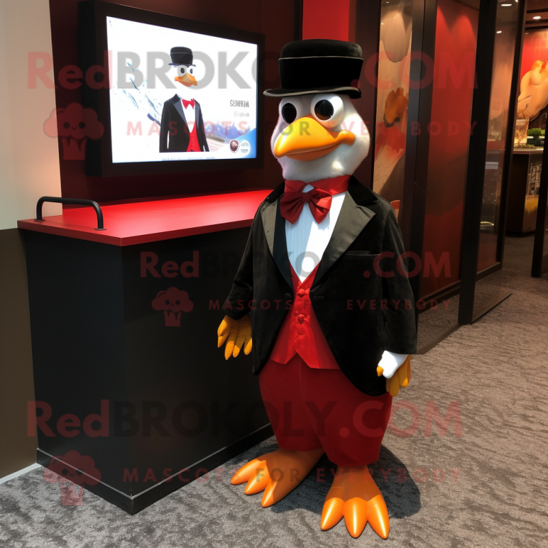 Red Quail mascot costume character dressed with a Tuxedo and Suspenders