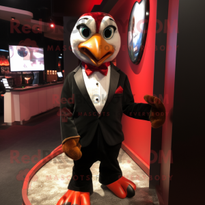 Red Quail mascot costume character dressed with a Tuxedo and Suspenders