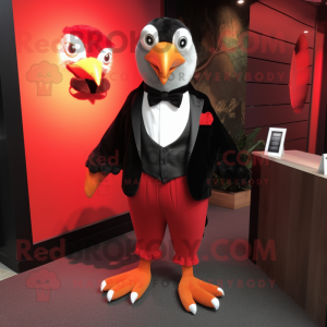 Red Quail mascot costume character dressed with a Tuxedo and Suspenders