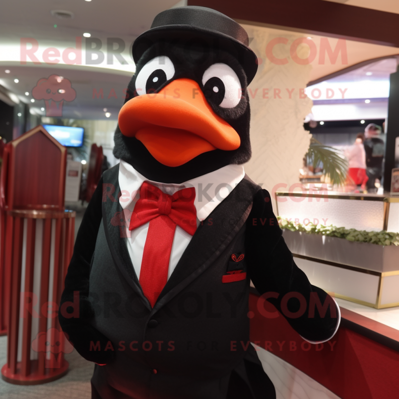 Red Quail mascot costume character dressed with a Tuxedo and Suspenders