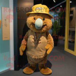 Gold Kiwi mascot costume character dressed with a Corduroy Pants and Hat pins