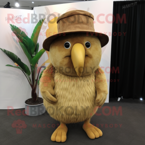 Gold Kiwi mascot costume character dressed with a Corduroy Pants and Hat pins