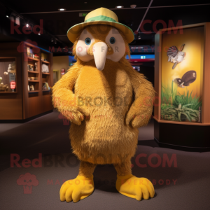 Gold Kiwi mascot costume character dressed with a Corduroy Pants and Hat pins