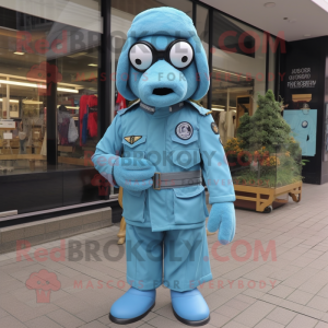 Sky Blue Special Air Service mascot costume character dressed with a Playsuit and Shawl pins