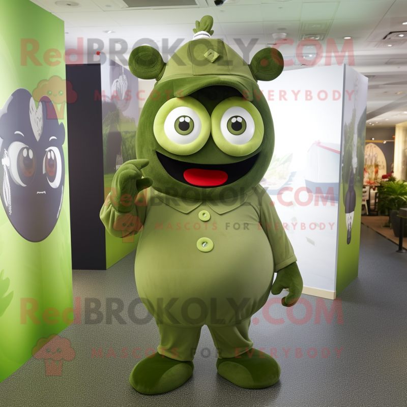 Olive Devil mascot costume character dressed with a Romper and Berets Olive Devil mascot costume character dressed with a Romper and Berets