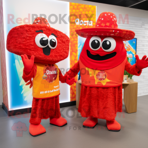 Red Enchiladas mascot costume character dressed with a Jumpsuit and Clutch bags