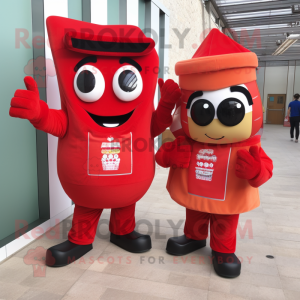 Red Enchiladas mascot costume character dressed with a Jumpsuit and Clutch bags