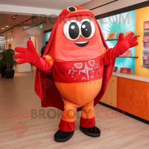 Red Enchiladas mascot costume character dressed with a Jumpsuit and Clutch bags