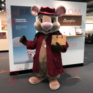 Maroon Mouse mascot costume character dressed with a Coat and Wallets
