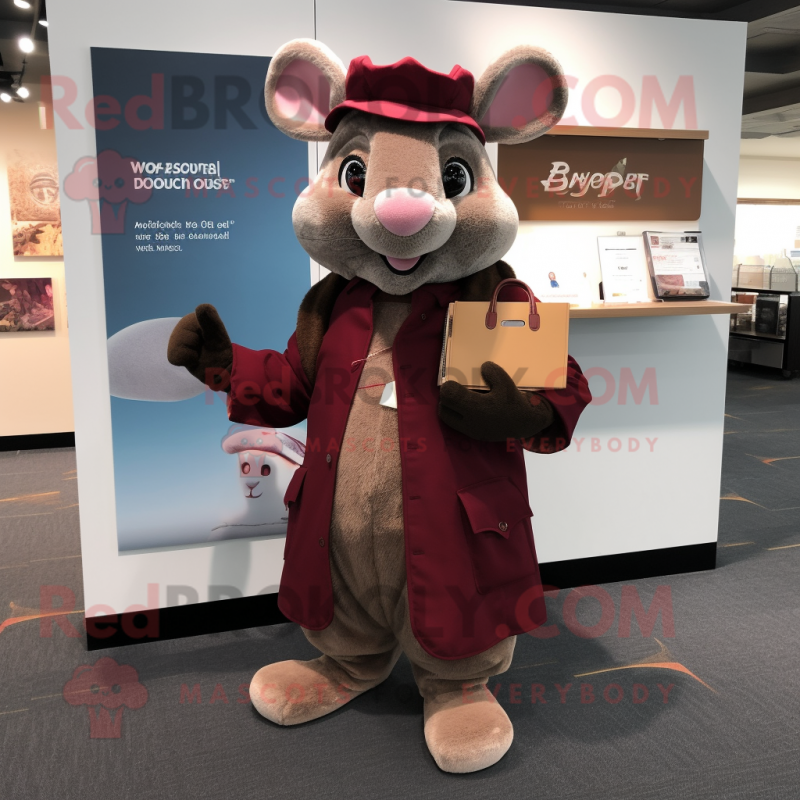 Maroon Mouse mascot costume character dressed with a Coat and Wallets Maroon Mouse mascot costume character dressed with a Coat and Wallets