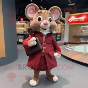 Maroon Mouse mascot costume character dressed with a Coat and Wallets