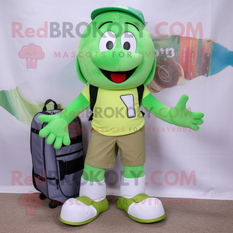 Green Pair Of Ice Skates mascot costume character dressed with a Cargo Shorts and Messenger bags