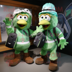 Green Pair Of Ice Skates mascot costume character dressed with a Cargo Shorts and Messenger bags