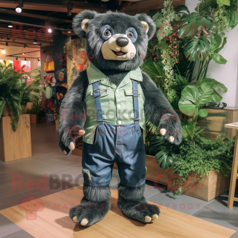 Forest Green Sloth Bear mascot costume character dressed with a Denim Shirt and Bow ties