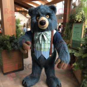 Forest Green Sloth Bear mascot costume character dressed with a Denim Shirt and Bow ties