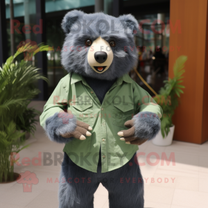 Forest Green Sloth Bear mascot costume character dressed with a Denim Shirt and Bow ties