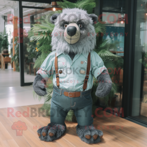 Forest Green Sloth Bear mascot costume character dressed with a Denim Shirt and Bow ties