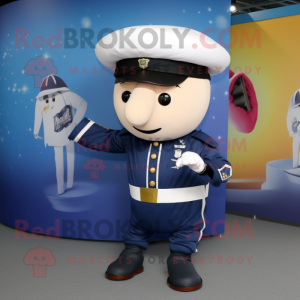 Navy Human Cannon Ball mascot costume character dressed with a T-Shirt and Hat pins