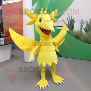 Lemon Yellow Pterodactyl mascot costume character dressed with a Culottes and Hair clips