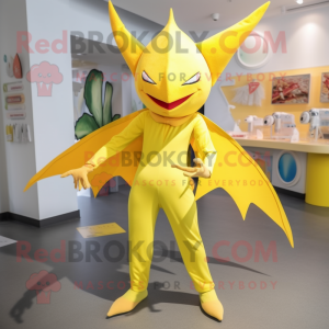 Lemon Yellow Pterodactyl mascot costume character dressed with a Culottes and Hair clips