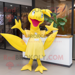 Lemon Yellow Pterodactyl mascot costume character dressed with a Culottes and Hair clips