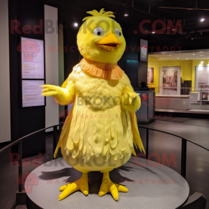Yellow Chicken mascot costume character dressed with a Skirt and Wraps