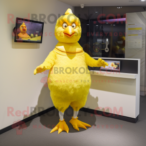 Yellow Chicken mascot costume character dressed with a Skirt and Wraps