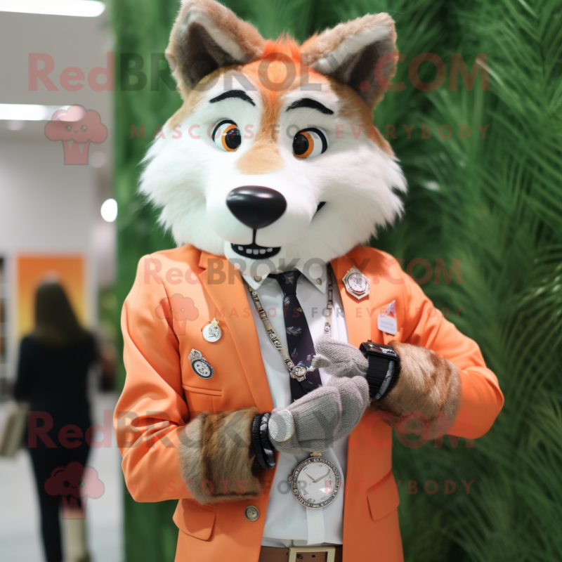 Peach Wolf mascot costume character dressed with a Blazer and Bracelet watches