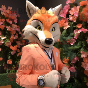 Peach Wolf mascot costume character dressed with a Blazer and Bracelet watches