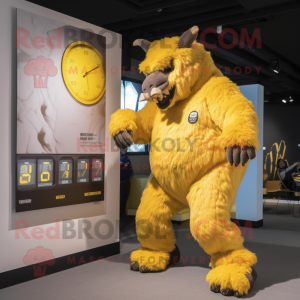 Yellow Woolly Rhinoceros mascot costume character dressed with a Jumpsuit and Digital watches