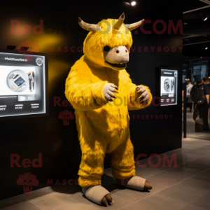 Yellow Woolly Rhinoceros mascot costume character dressed with a Jumpsuit and Digital watches