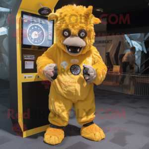 Yellow Woolly Rhinoceros mascot costume character dressed with a Jumpsuit and Digital watches