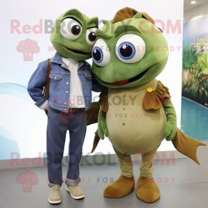 Olive Goldfish mascot costume character dressed with a Boyfriend Jeans and Cufflinks