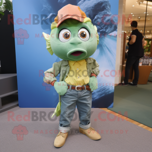 Olive Goldfish mascot costume character dressed with a Boyfriend Jeans and Cufflinks