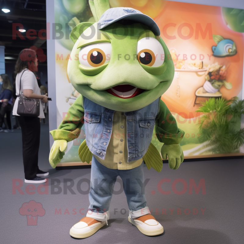 Olive Goldfish mascot costume character dressed with a Boyfriend Jeans and Cufflinks Olive Goldfish mascot costume character dressed with a Boyfriend Jeans and Cufflinks