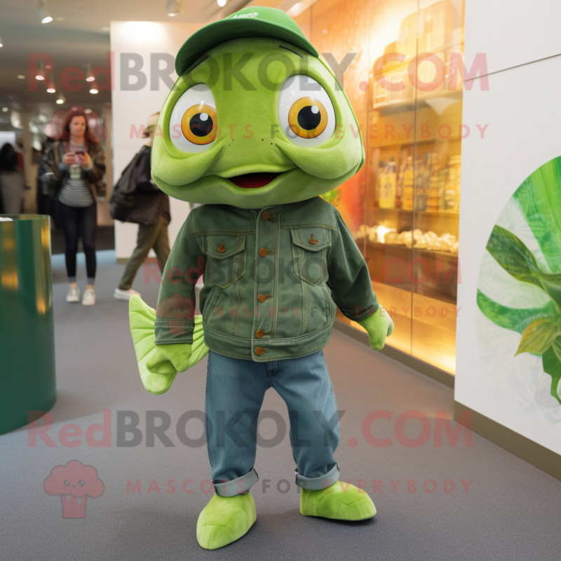 Olive Goldfish mascot costume character dressed with a Boyfriend Jeans and Cufflinks