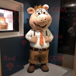 Tan Pig mascot costume character dressed with a Leggings and Tie pins