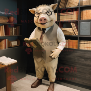 Tan Pig mascot costume character dressed with a Leggings and Tie pins
