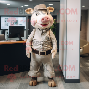 Tan Pig mascot costume character dressed with a Leggings and Tie pins