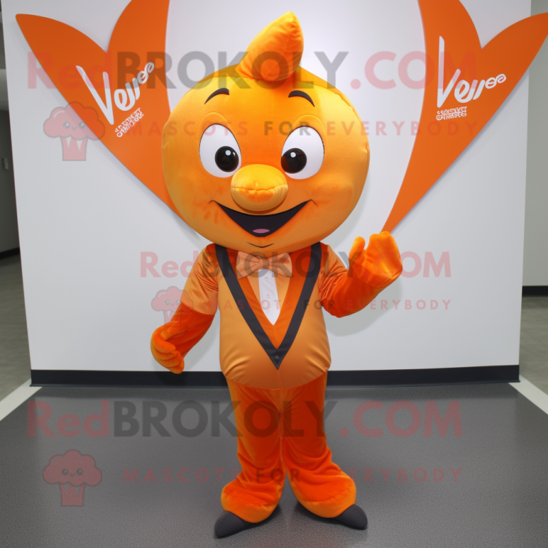 Orange Arrow Of Love mascot costume character dressed with a V-Neck Tee and Tie pins Orange Arrow Of Love mascot costume character dressed with a V-Neck Tee and Tie pins