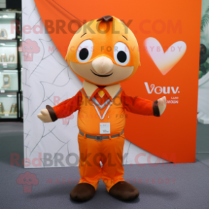 Orange Arrow Of Love mascot costume character dressed with a V-Neck Tee and Tie pins