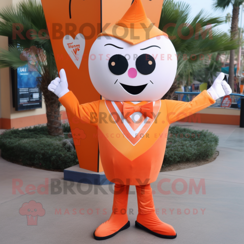 Orange Arrow Of Love mascot costume character dressed with a V-Neck Tee and Tie pins Orange Arrow Of Love mascot costume character dressed with a V-Neck Tee and Tie pins