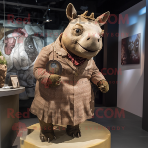 Brown Rhinoceros mascot costume character dressed with a Shift Dress and Brooches