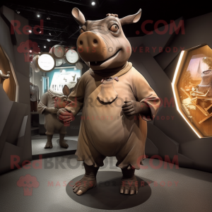 Brown Rhinoceros mascot costume character dressed with a Shift Dress and Brooches