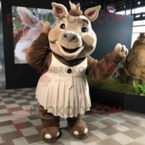 Brown Rhinoceros mascot costume character dressed with a Shift Dress and Brooches