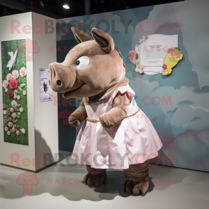Brown Rhinoceros mascot costume character dressed with a Shift Dress and Brooches