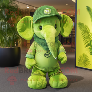 Lime Green Elephant mascot costume character dressed with a Graphic Tee and Beanies