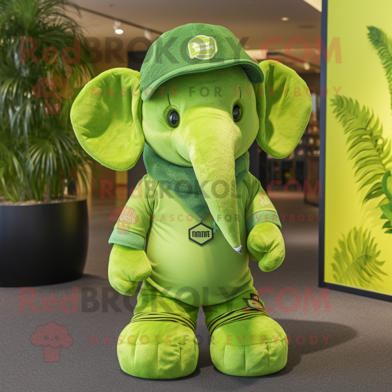 Lime Green Elephant mascot costume character dressed with a Graphic Tee and Beanies Lime Green Elephant mascot costume character dressed with a Graphic Tee and Beanies