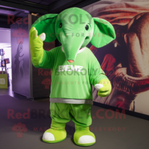 Lime Green Elephant mascot costume character dressed with a Graphic Tee and Beanies