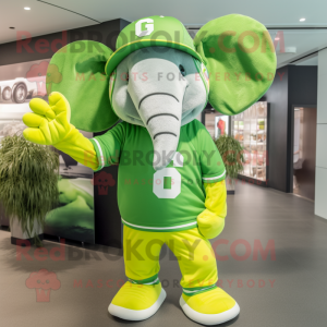 Lime Green Elephant mascot costume character dressed with a Graphic Tee and Beanies